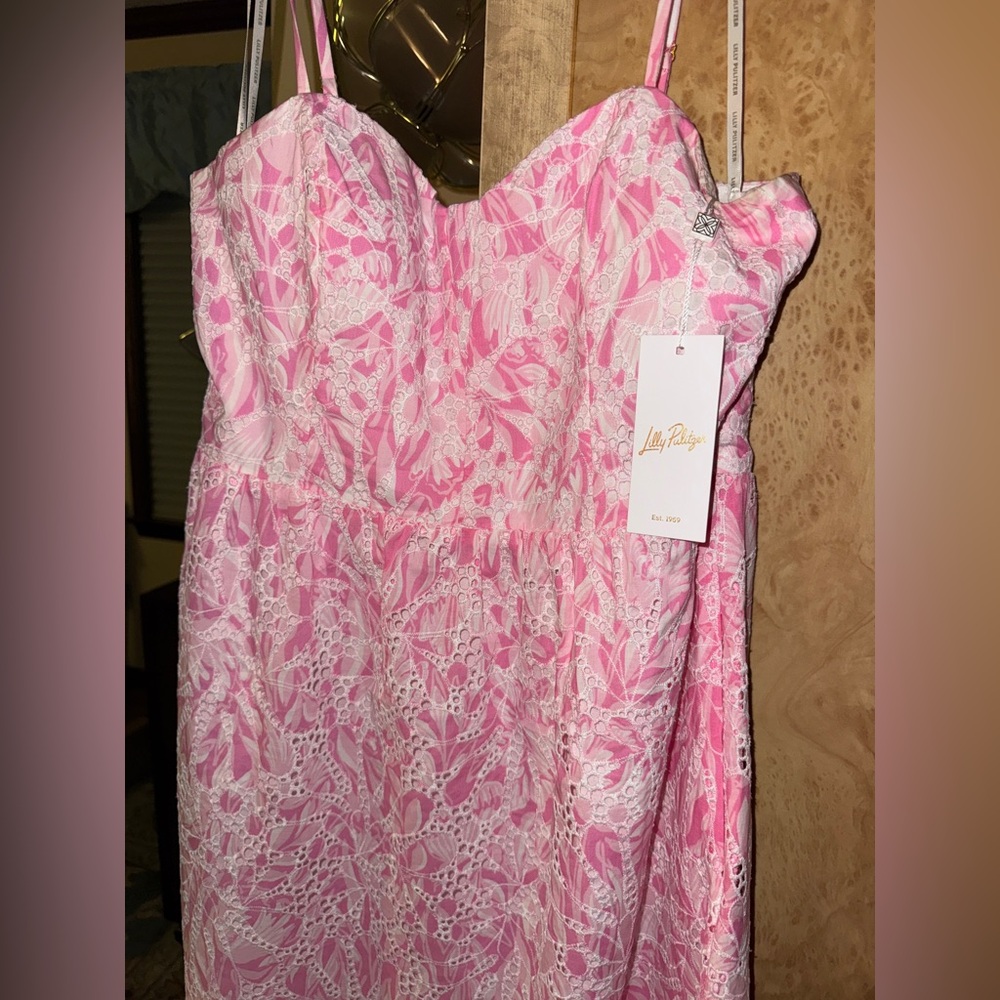 NWT Lilly Pulitzer Allarie 8 Midi Dress Rousseau Pink White Eyelet Tulip Tango - Picture 4 of 5
